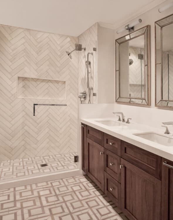 Primary Bathroom With Marble Walls And Floor